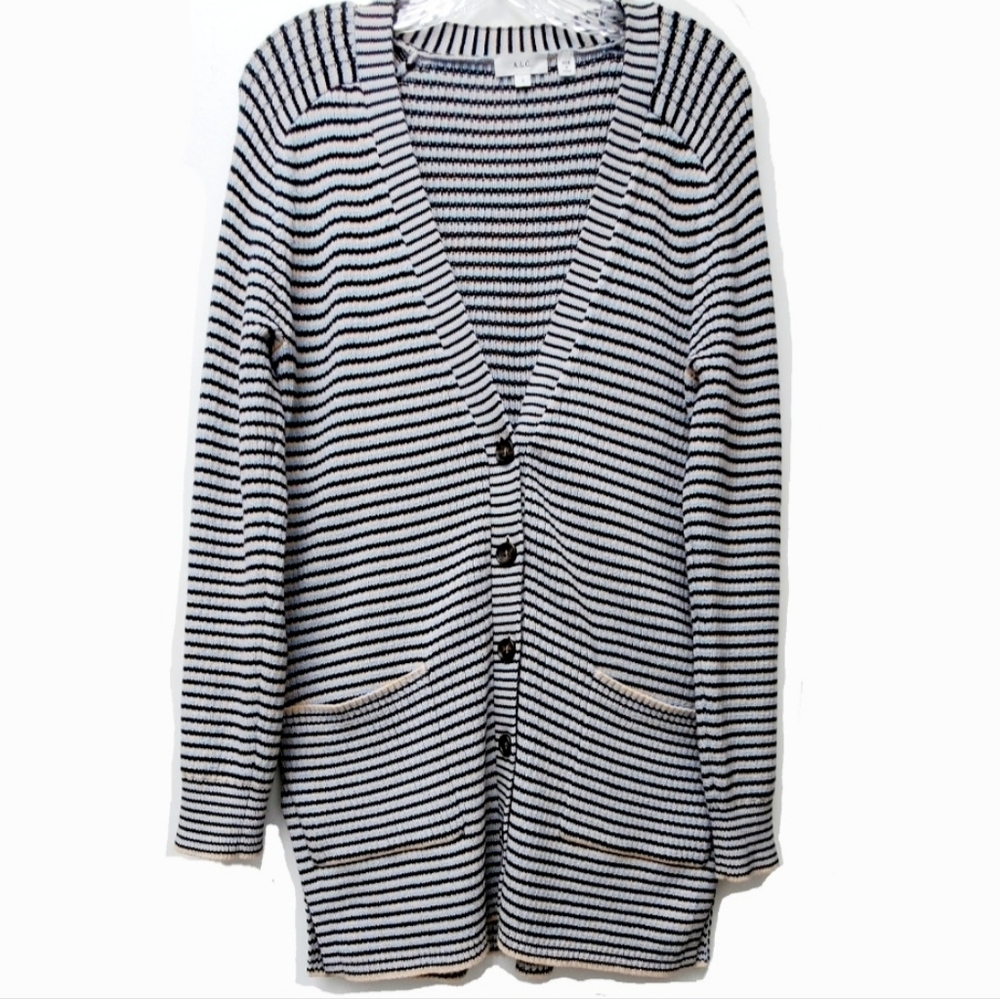 A.L.C. Caspian Striped Cardigan Patch Pockets Oversized Italian Yarn Size Small - Picture 6 of 14